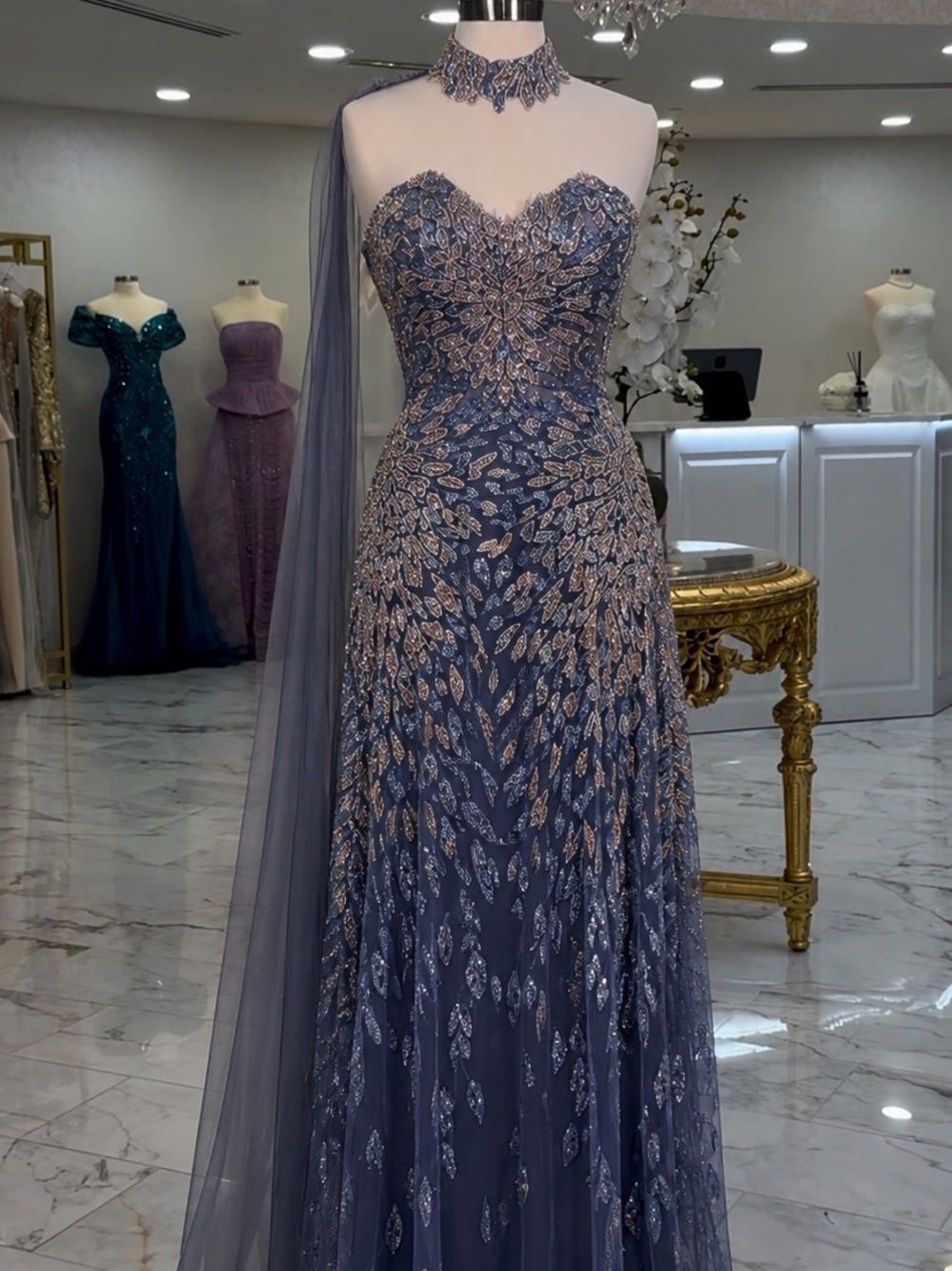Missaki Couture | Lebanese Designer | Strapless Embellished Navy Gown